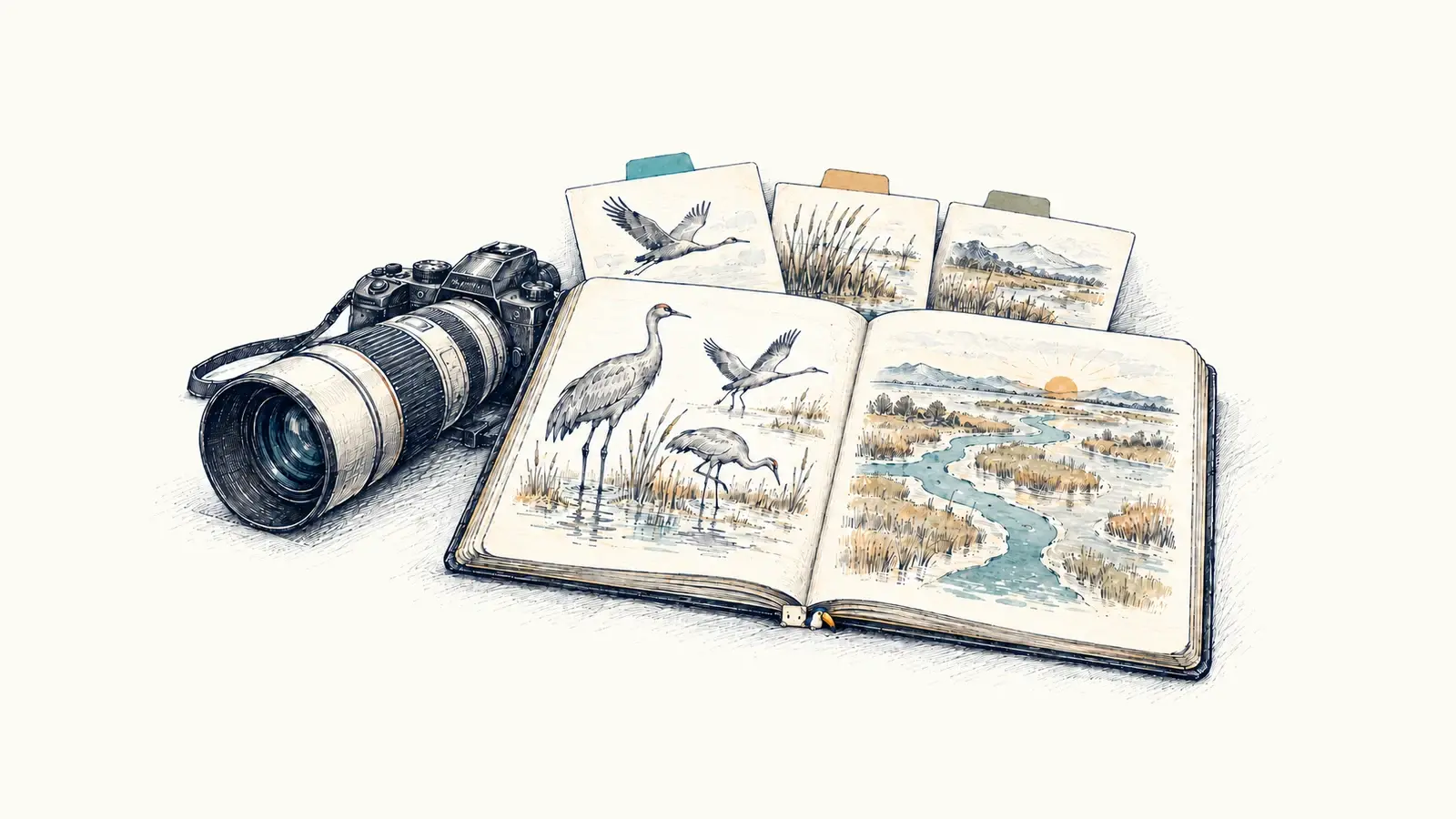 Wildlife photographs and field observations surround a structured photography guide.