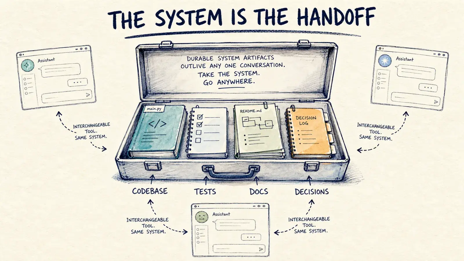 A hand-drawn field-notes infographic showing a portable project system made of codebase, tests, docs, and decisions, with interchangeable assistant tools around it.