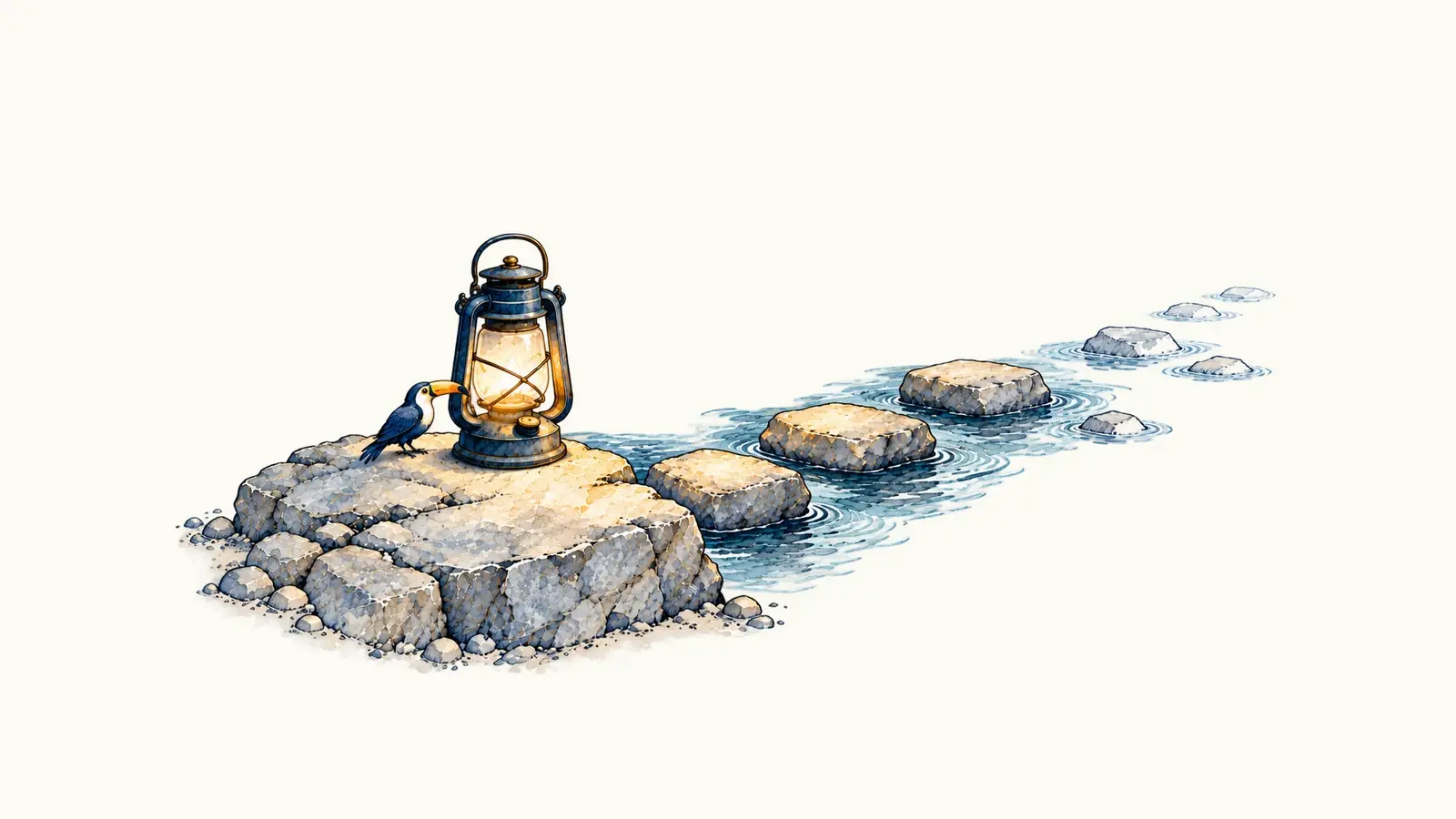 A lantern reveals the nearest stepping stones while the rest of the crossing remains indistinct.
