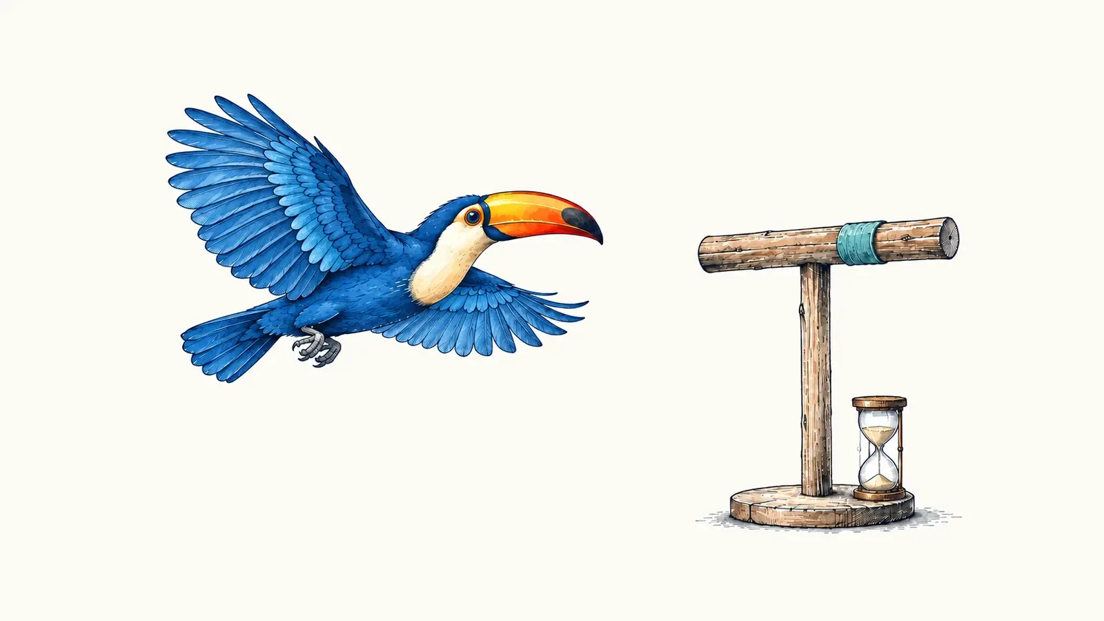 A blue toucan flies toward a marked perch with an hourglass at its base.