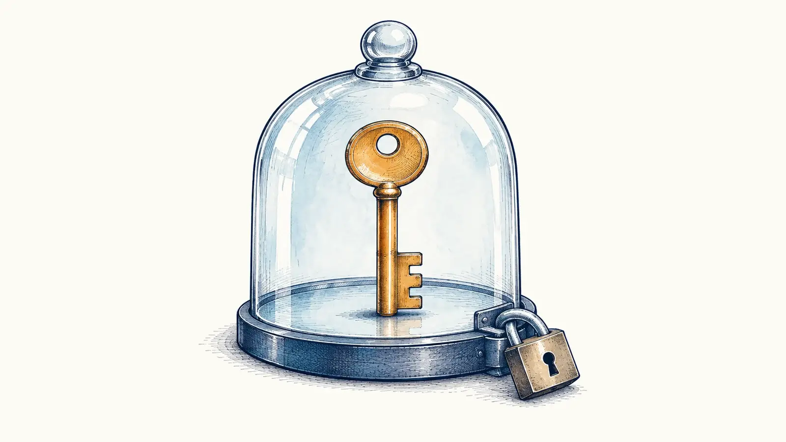 A brass key enclosed in a glass bell jar secured with a padlock.