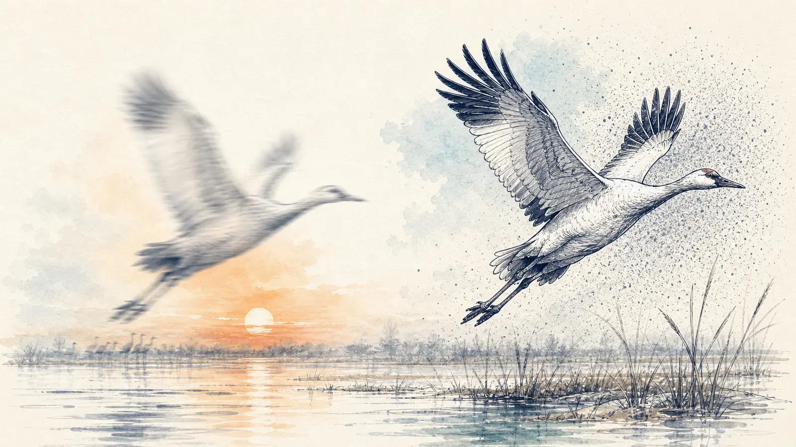 A hand-drawn Bosque del Apache wetland scene contrasting a clean blurred bird with a sharper bird surrounded by fine grain.