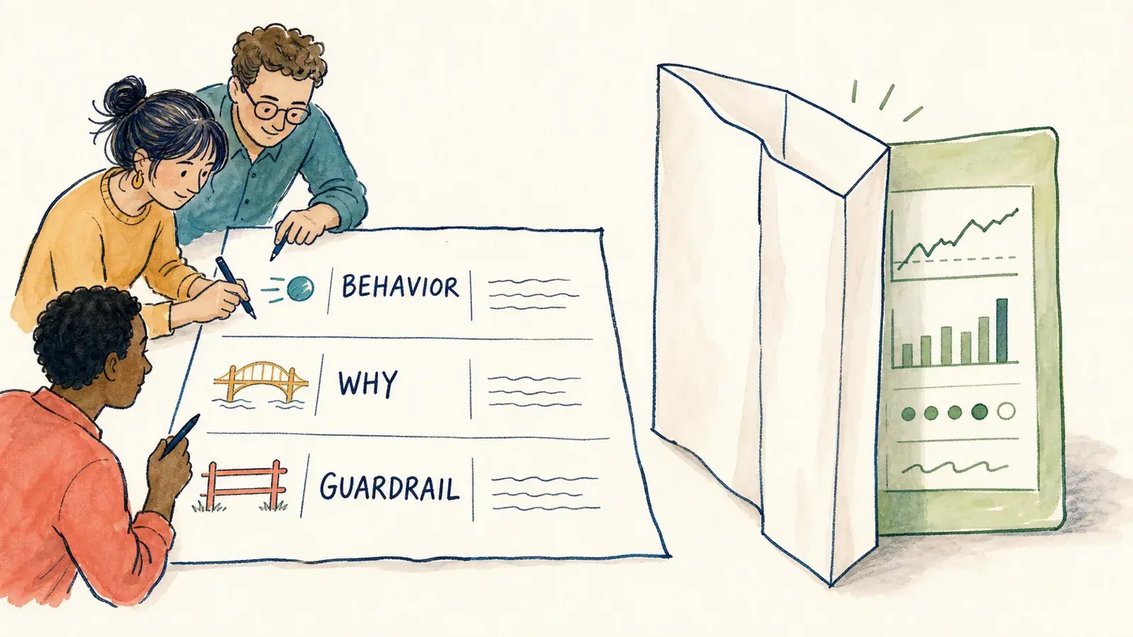 A hand-drawn product team defines behavior, the causal reason, and a guardrail on an experiment contract before viewing the green result.