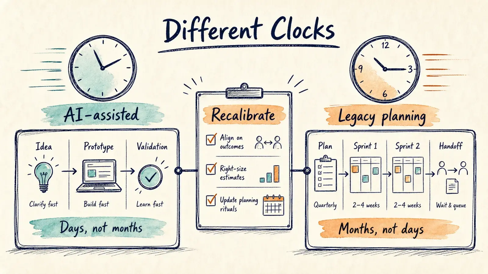 A hand-drawn field notes illustration showing AI-assisted teams and traditional planning models using different clocks.