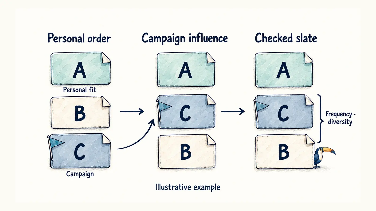 A campaign title moves from third to second while a personally relevant title stays first and frequency and diversity rules constrain the slate.