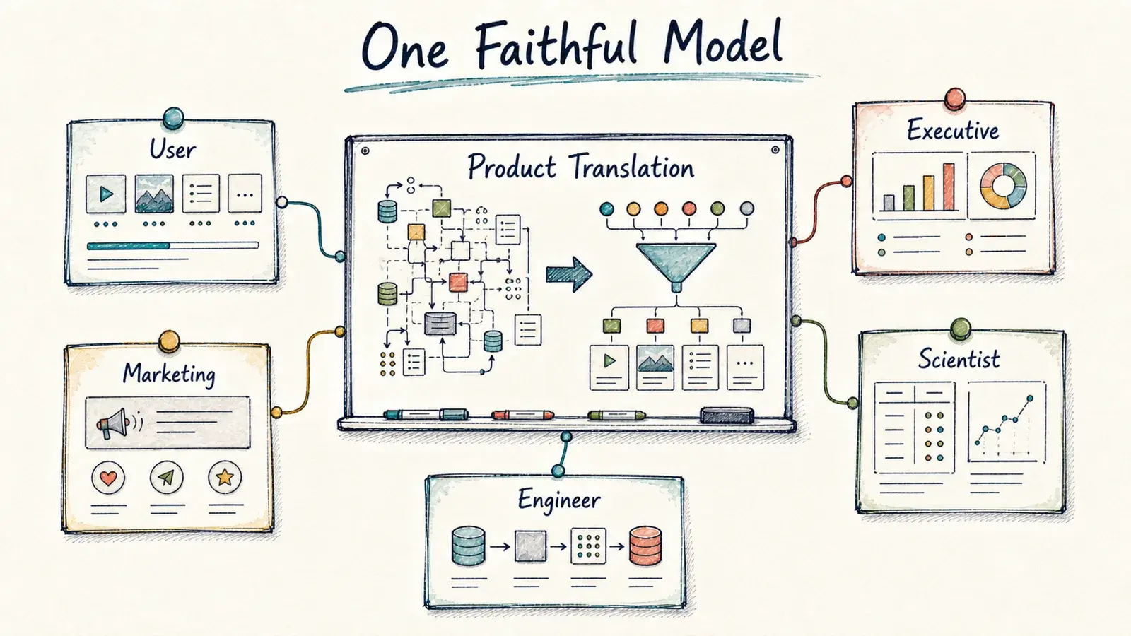 A hand-drawn product translation board connecting user, executive, marketing, scientist, and engineer views into one faithful model.