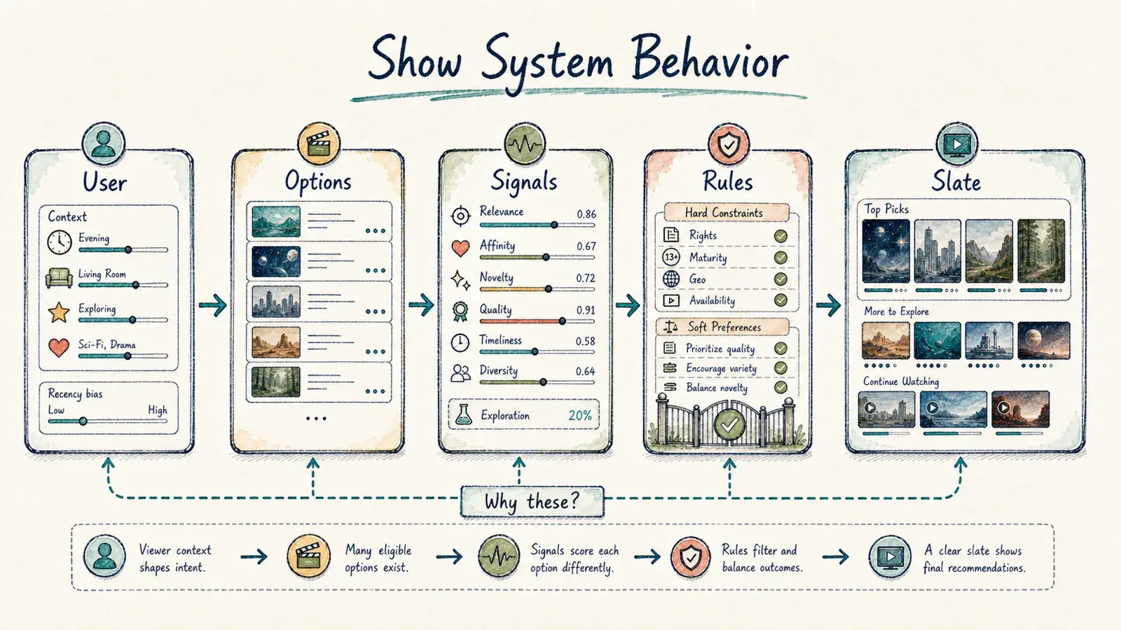 A hand-drawn simulation storyboard showing user context, options, signals, rules, and the final recommendation slate.