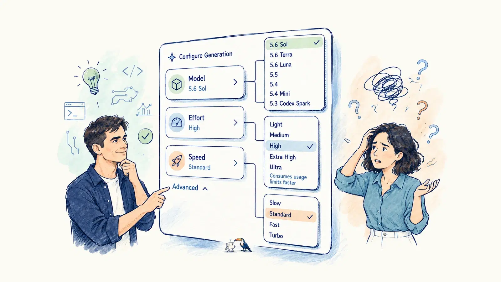 Choosing model, effort and speed confronts users with a crowded configuration panel.