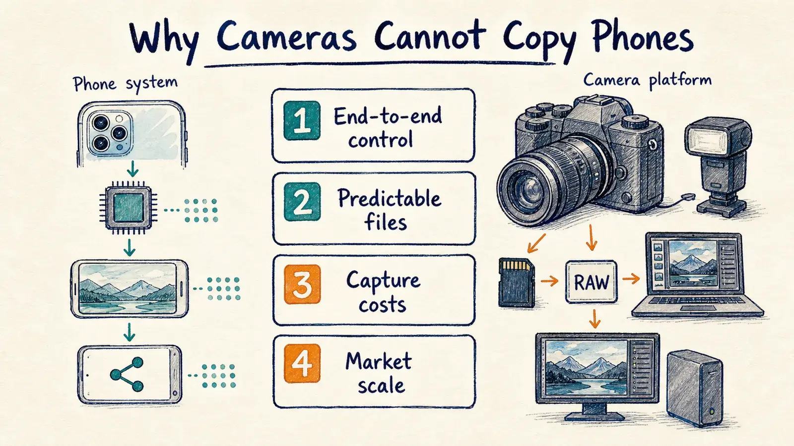 A hand-drawn comparison showing why dedicated cameras cannot simply copy phone camera systems.