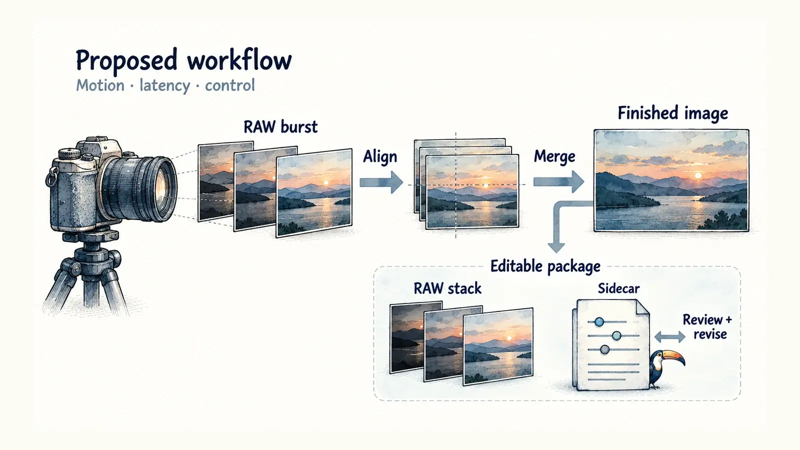 A proposed camera workflow aligns and merges a RAW burst, delivering a finished image and an editable RAW stack with a transparent sidecar.