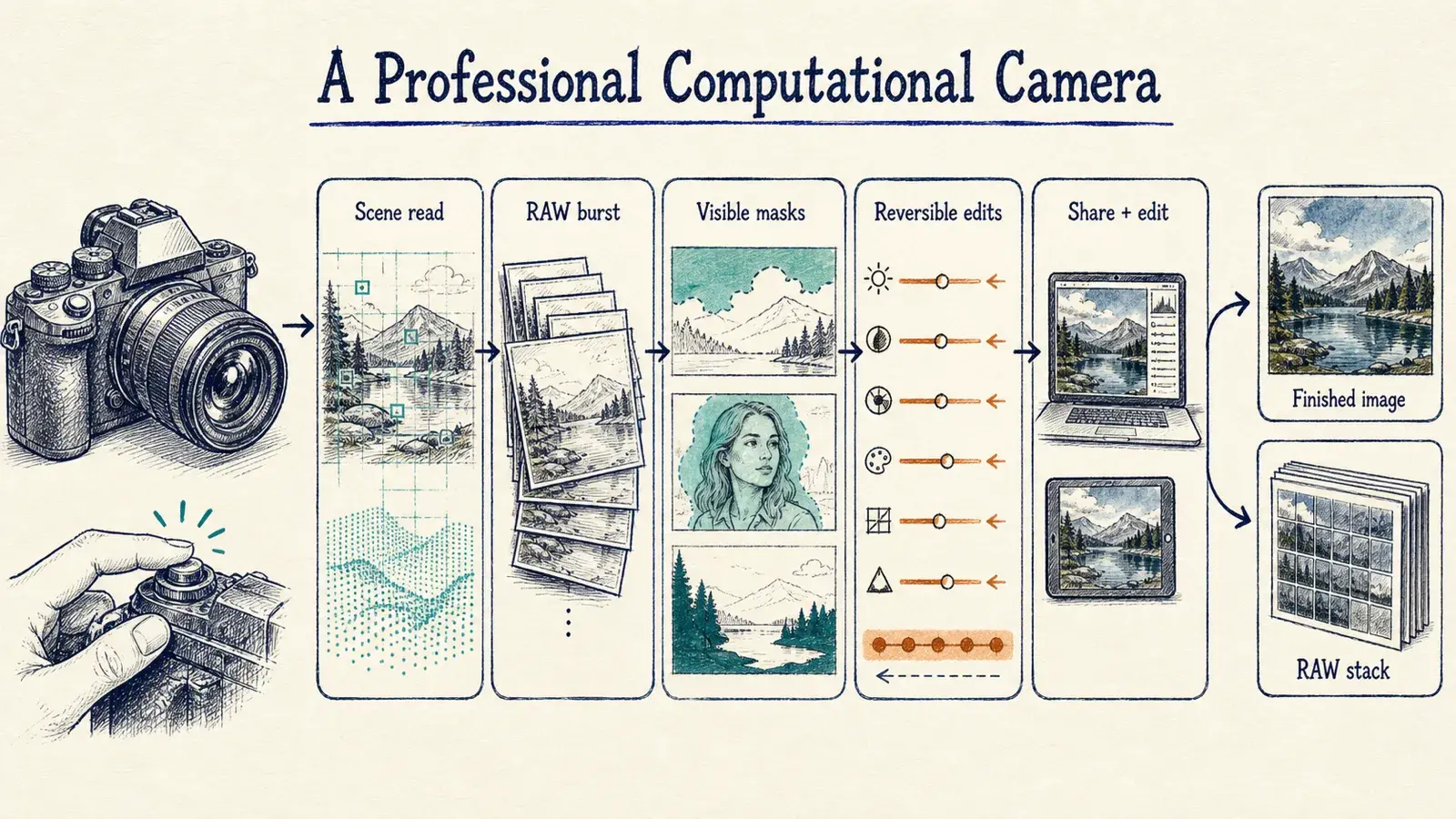 A hand-drawn pipeline for a professional computational camera with scene reading, RAW bursts, masks, reversible edits, and output files.
