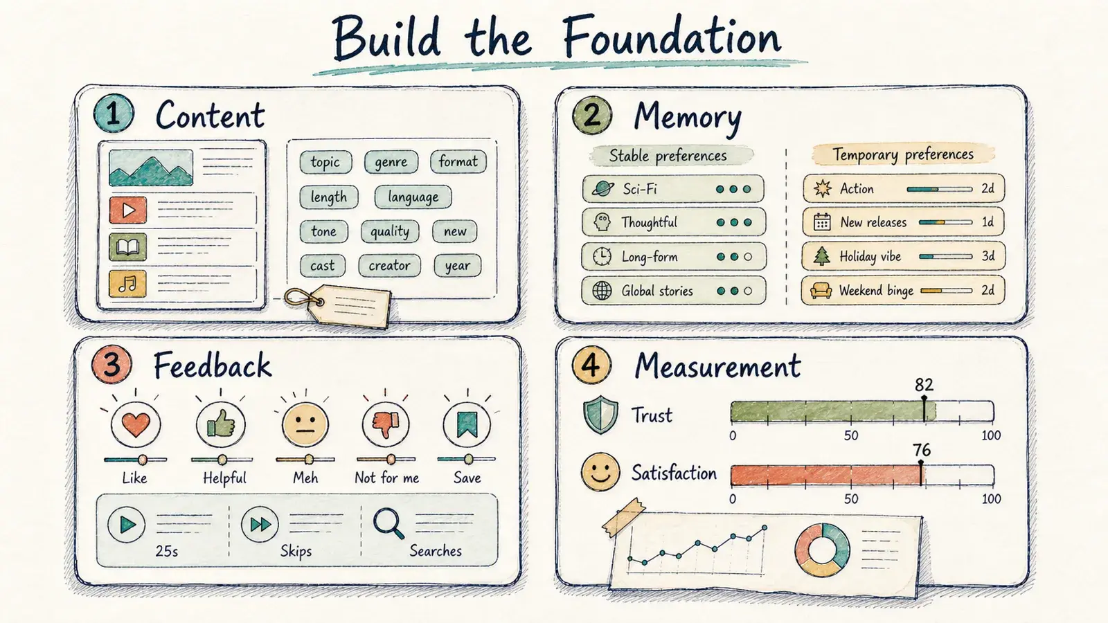 A hand-drawn four-card dashboard for content, memory, feedback, and measurement investments in a streaming discovery foundation.