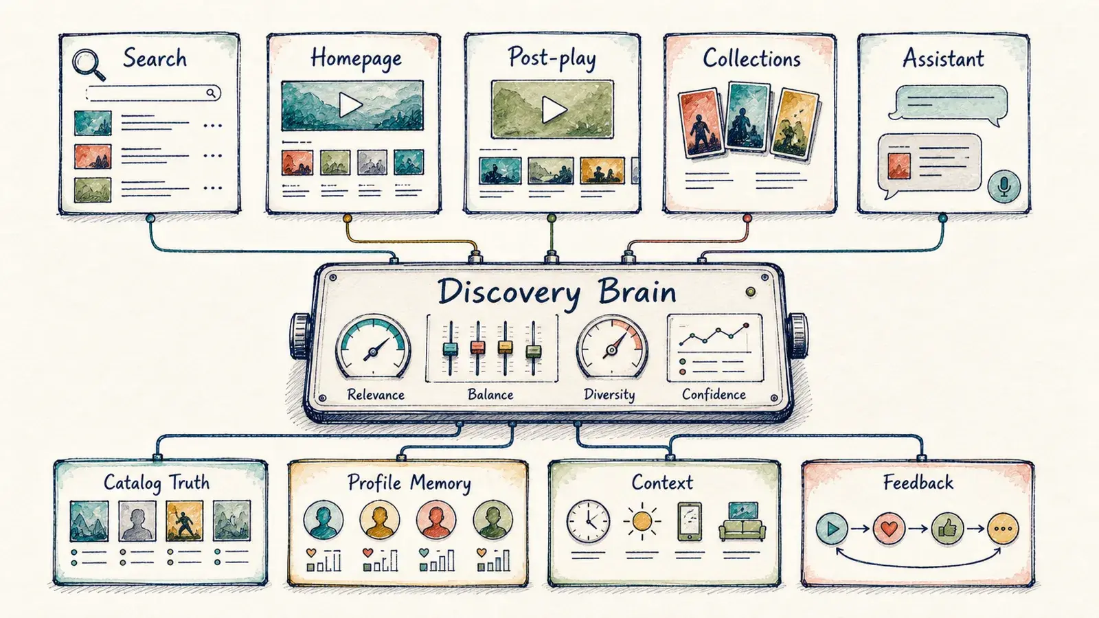A hand-drawn discovery brain console connecting search, homepage, post-play, collections, and assistant surfaces to catalog truth, profile memory, context, and feedback.