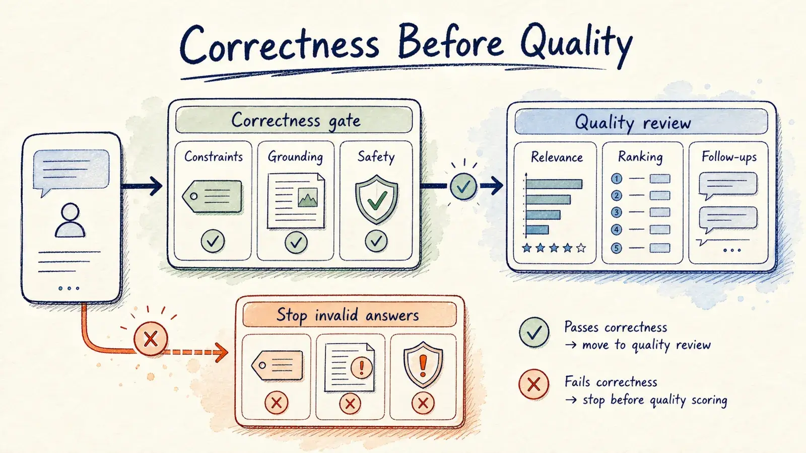 A hand-drawn two-stage evaluation gate that checks correctness before reviewing product quality.