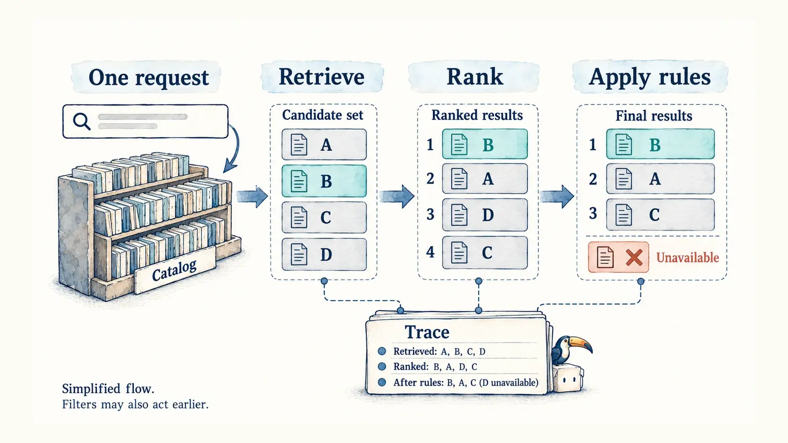 One request retrieves A, B, C and D, ranks them B, A, D, C and removes unavailable D while preserving a trace.