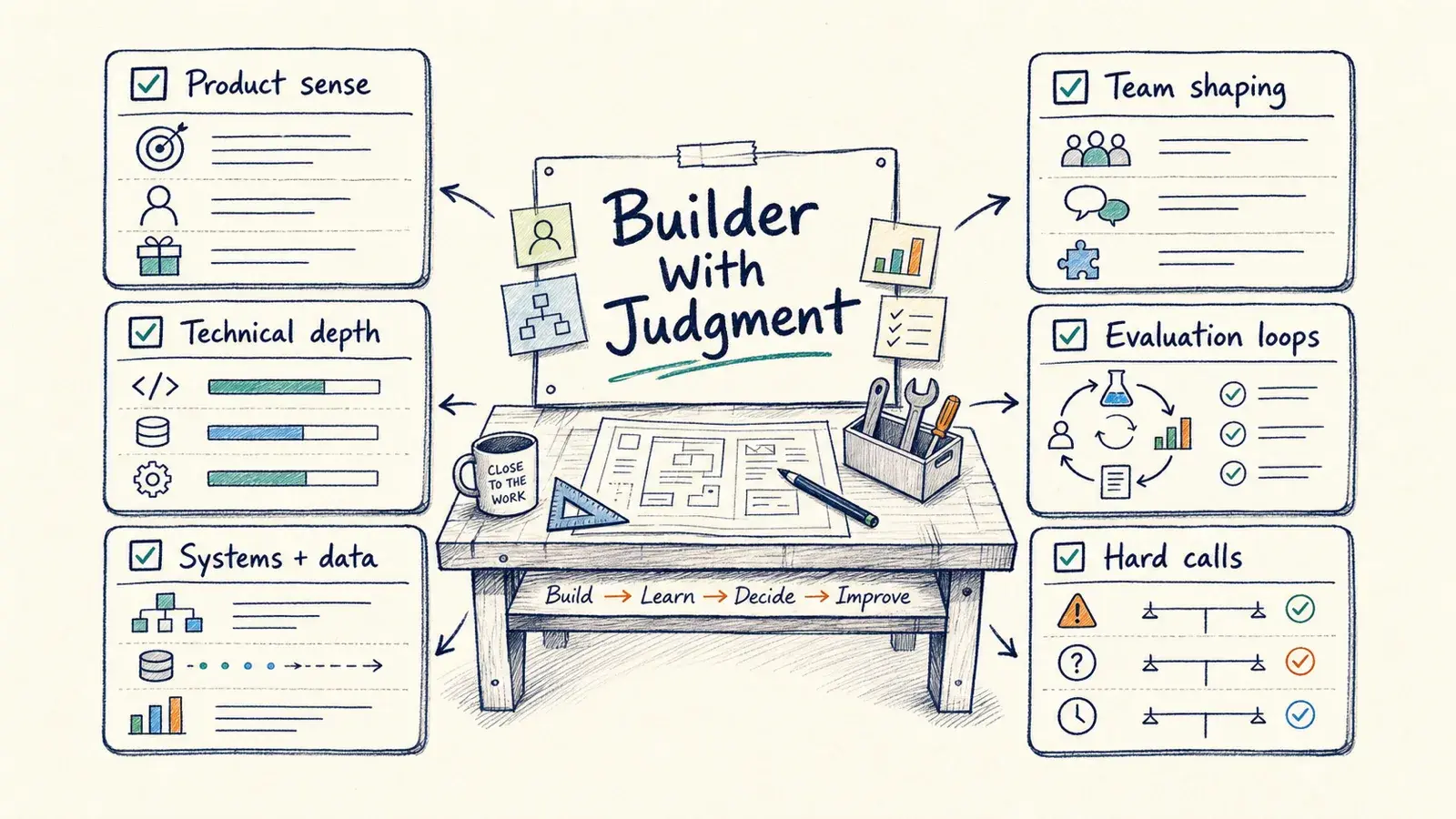 A hand-drawn field-notes workbench showing the builder PM profile across product sense, technical depth, systems and data, team shaping, evaluation loops, and hard calls.