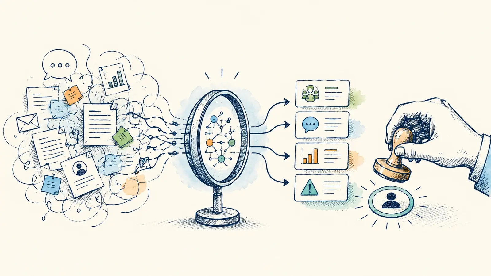 Hand-drawn field-note illustration showing messy workflow inputs being inspected, converted into reviewable artifacts, and approved by a human decision maker.
