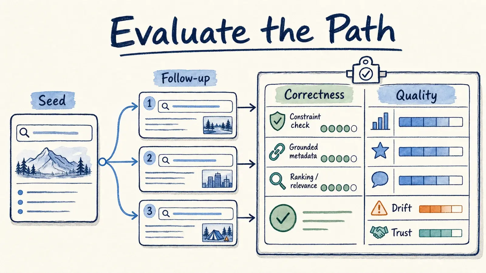 Hand-drawn evaluation board showing a seed query branching into follow-up paths, then correctness and quality gates.