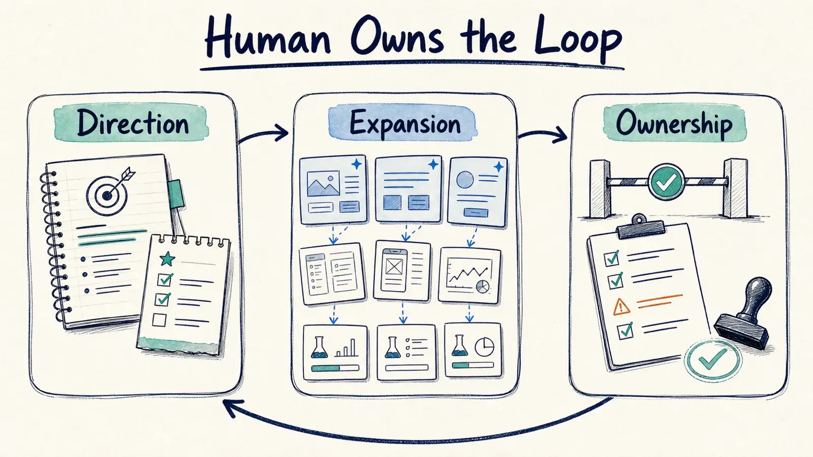 Hand-drawn field-notes illustration showing the human-AI-human workflow loop across direction, expansion, and ownership.