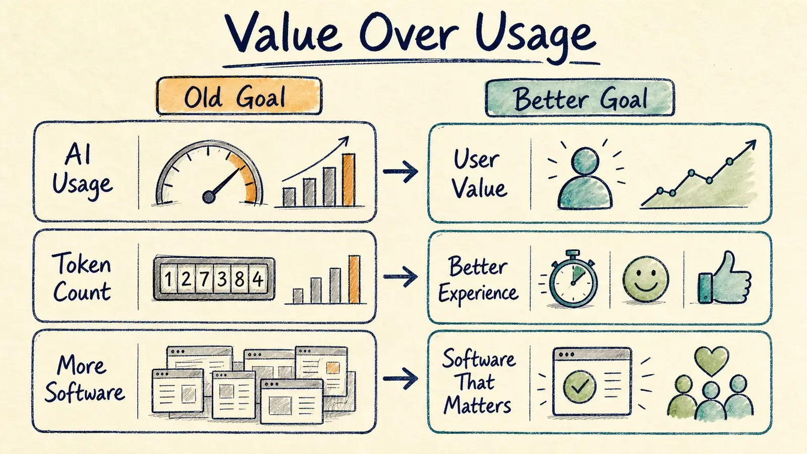 Hand-drawn field-note scorecard contrasting old AI goals such as AI usage, token count, and more software with better goals such as user value, better experience, and software that matters.