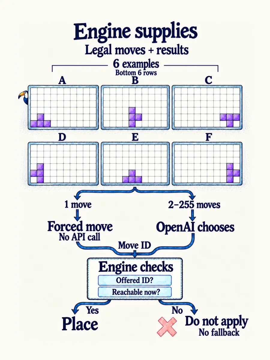 Six cropped Tetris boards show the same T piece in different legal rotations and positions. A flow distinguishes a free forced move from an OpenAI choice, then validates the move before applying it.