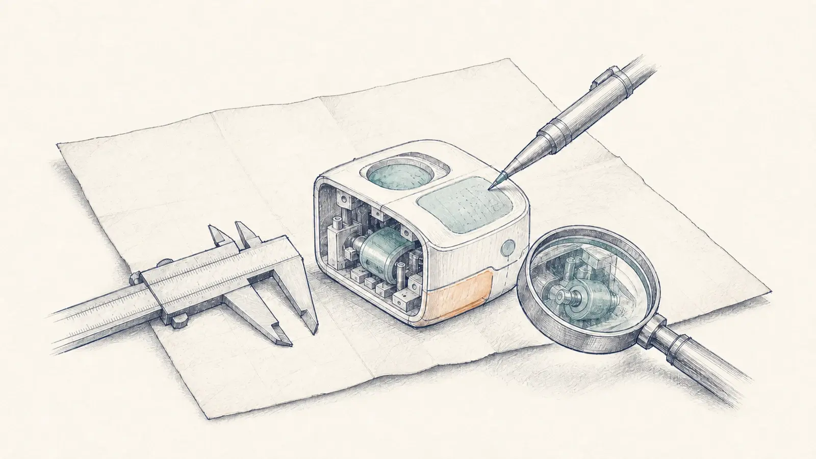 A caliper, pen, and inspection lens engage the same unfinished product prototype on a folded-paper workbench.