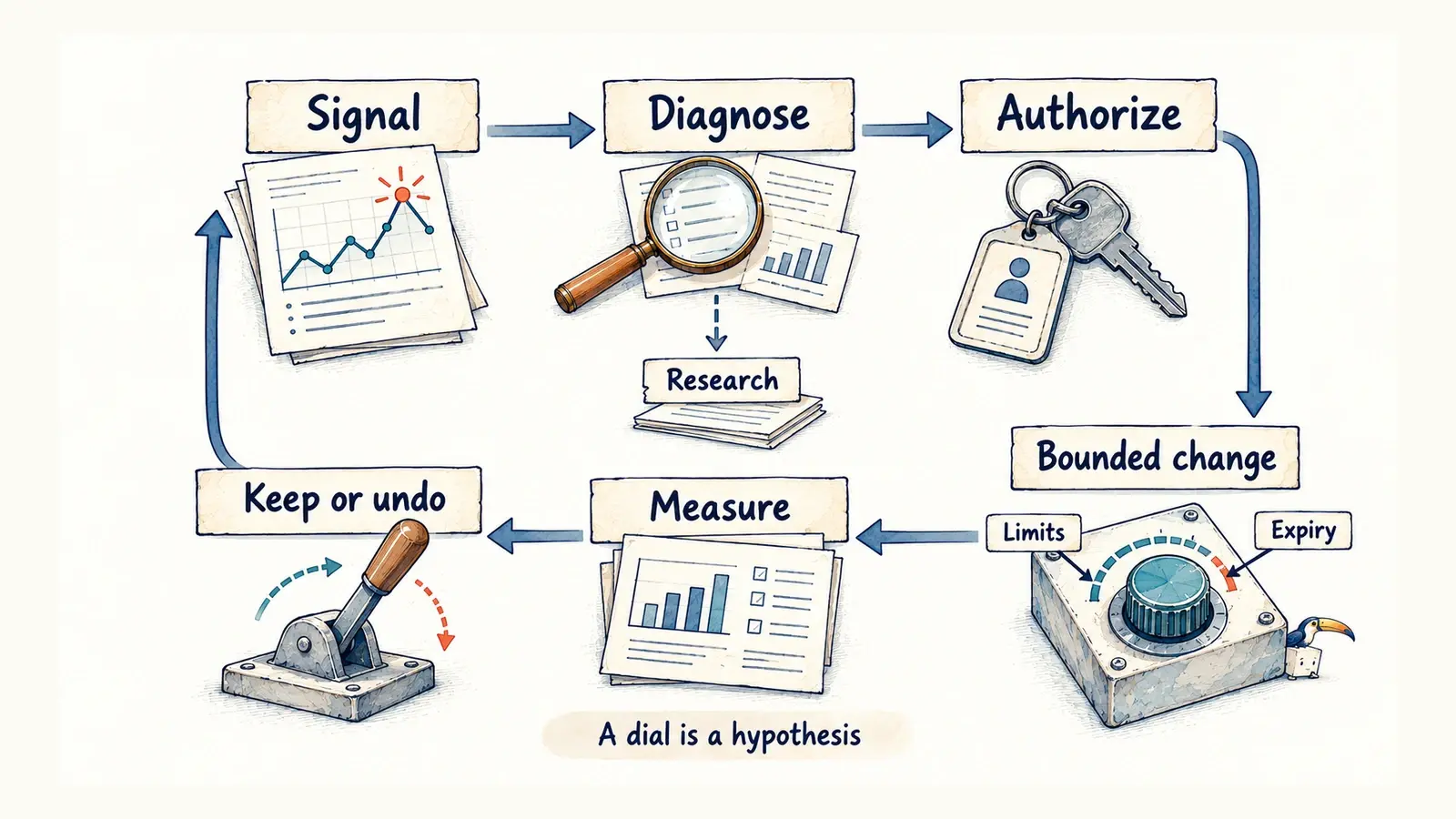 A governed loop connects a signal, diagnosis, authorization, bounded change, measurement and a keep-or-undo decision, with a separate research branch.