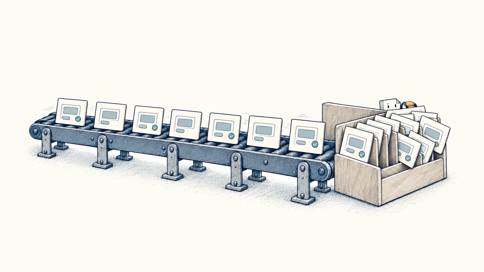 A rigid production line of product screens ends beside a separate stack of unresolved work.