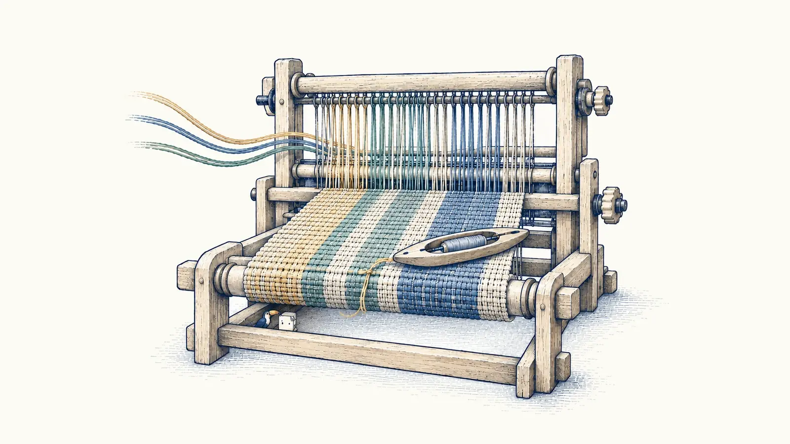 Several threads are woven into a coherent surface on one shared loom.