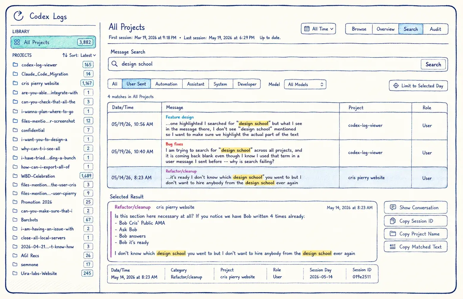 Message search in Codex Log Viewer