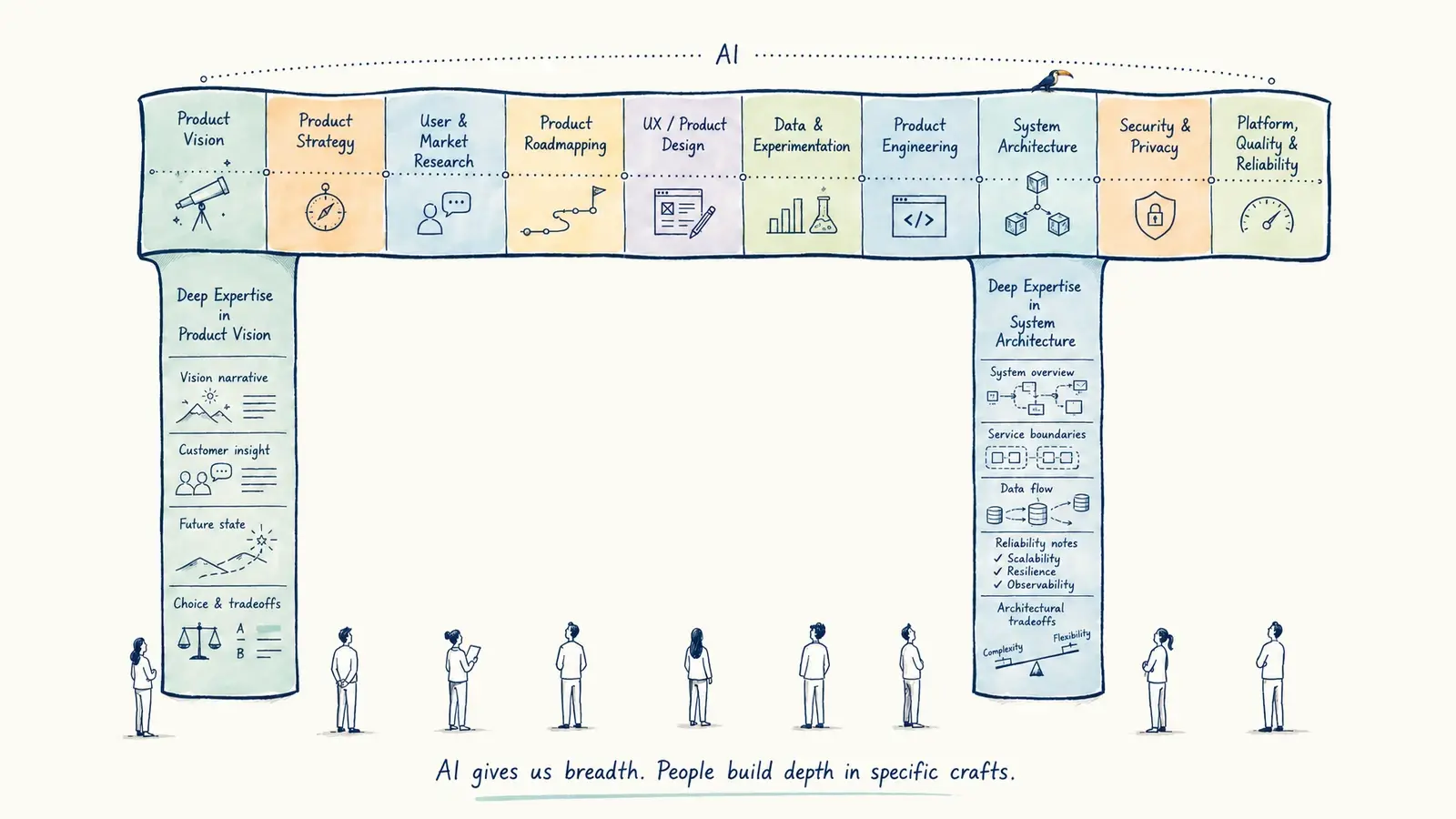 A pi-shaped product skill map combines broad reach across disciplines with two deep areas of craft.