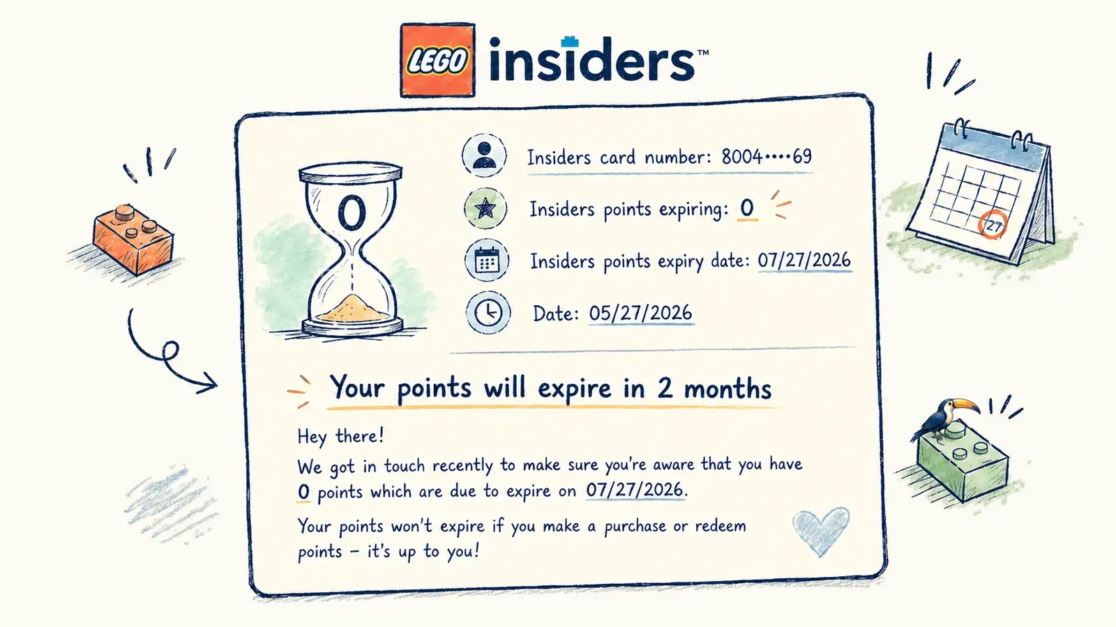 An illustrated LEGO loyalty email warns about points expiring even though the number of expiring points is zero.