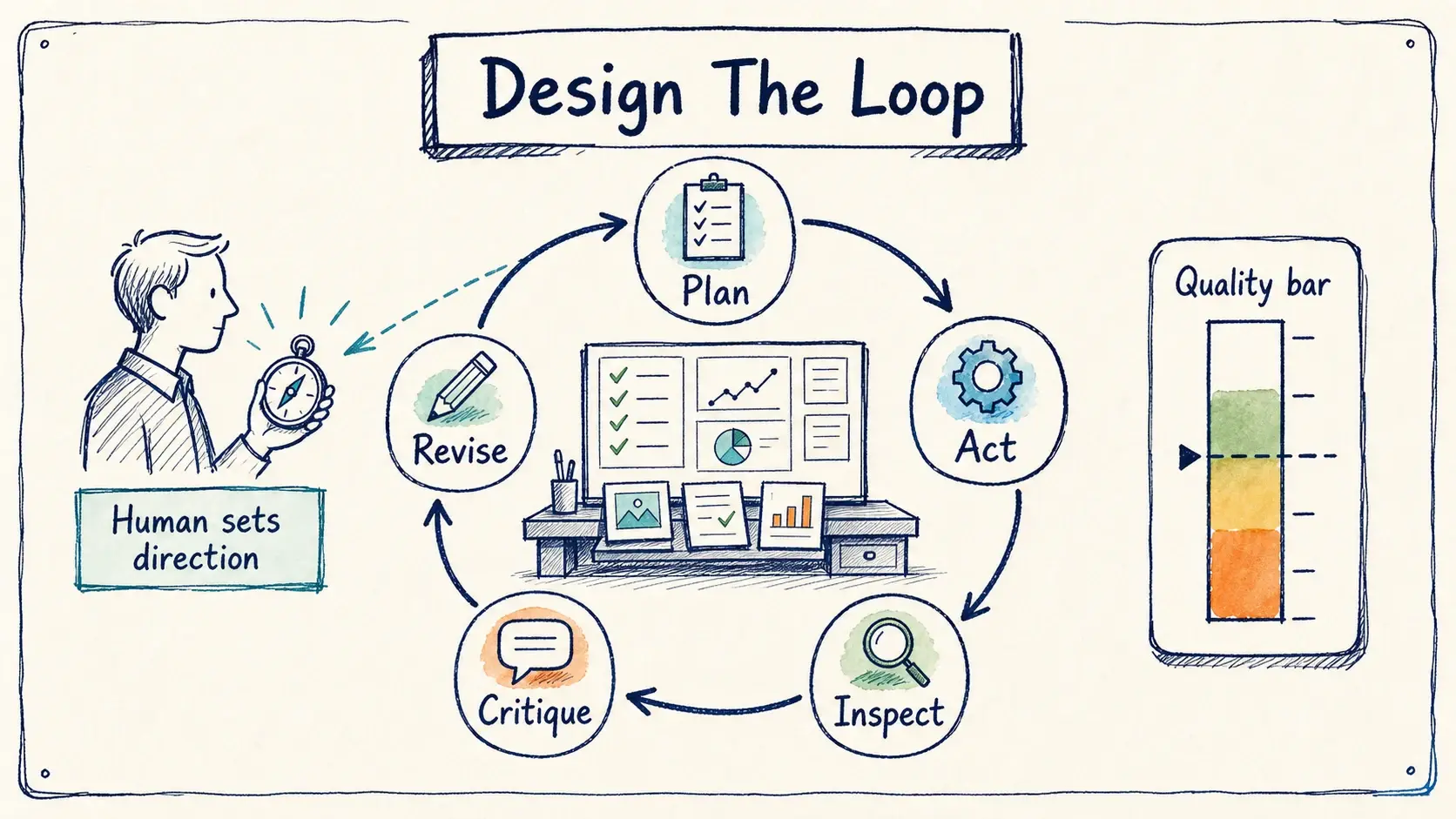 A hand-drawn loop diagram showing an agent workflow that plans, acts, inspects, critiques, and revises while a human sets direction and the quality bar.