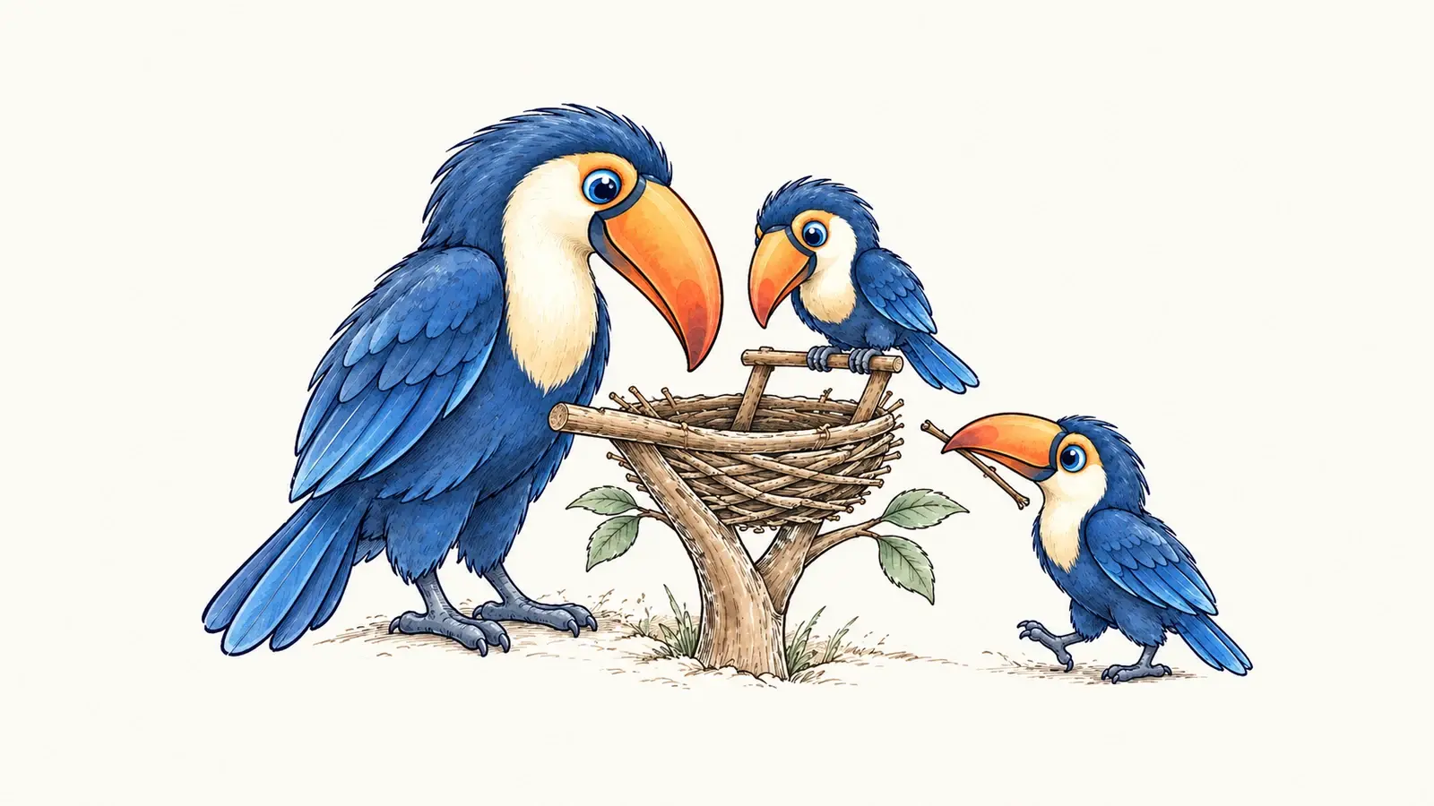 A large blue toucan watches two smaller toucans build and test a nest and its landing perch.