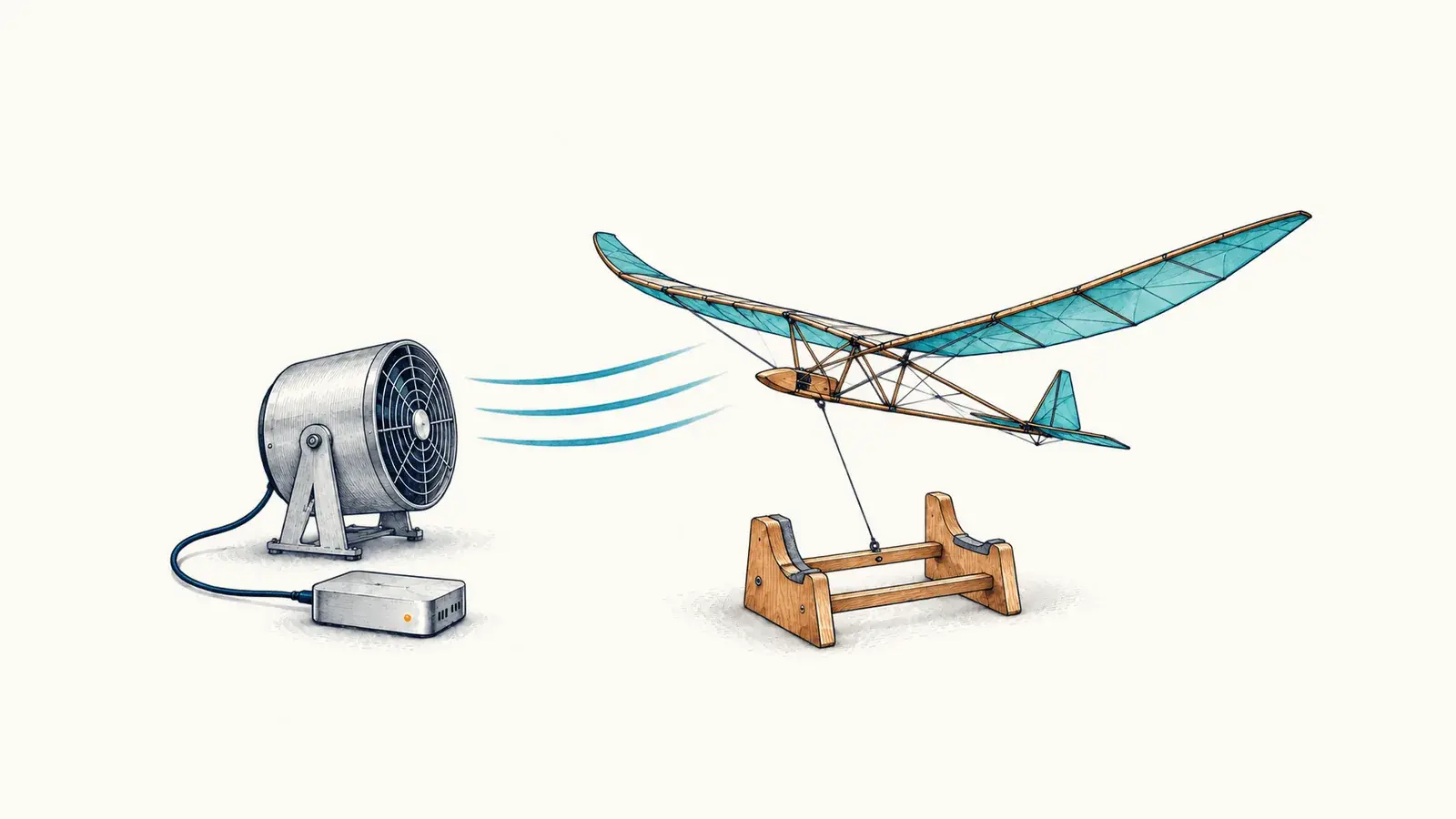 A powered fan gives a tethered experimental glider enough lift to leave its test cradle.