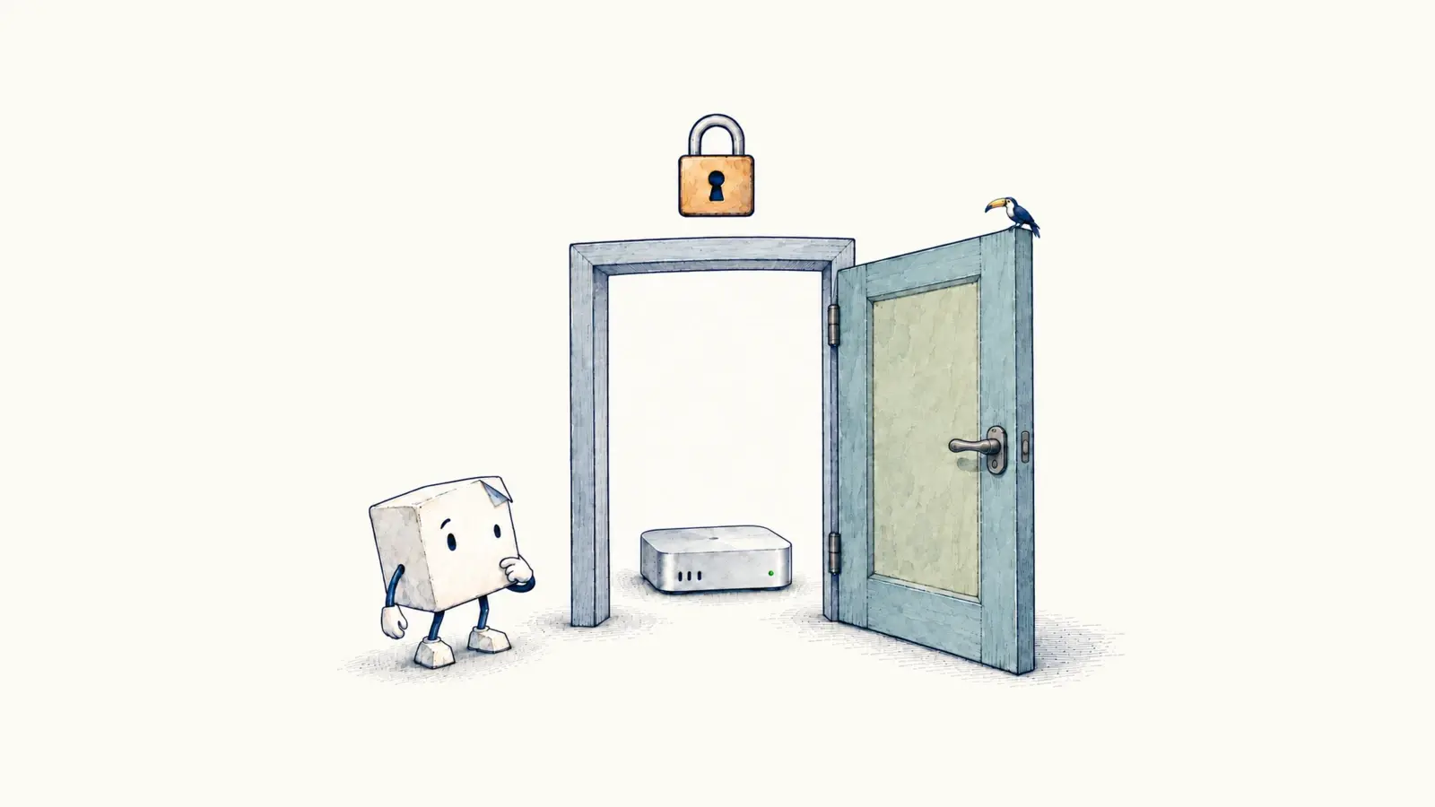 Bob pauses beside a wide-open doorway leading to a powered-on headless computer. A closed-padlock status symbol floats above the open passage, while a tiny toucan watches from the door.