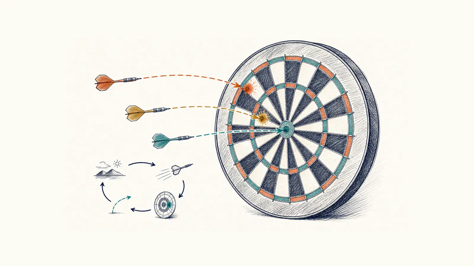 Hand-drawn regulation dartboard with three orange, gold, and teal dart trajectories moving progressively closer to the bull, beside a small feedback loop showing conditions, throw, impact, and adjustment.