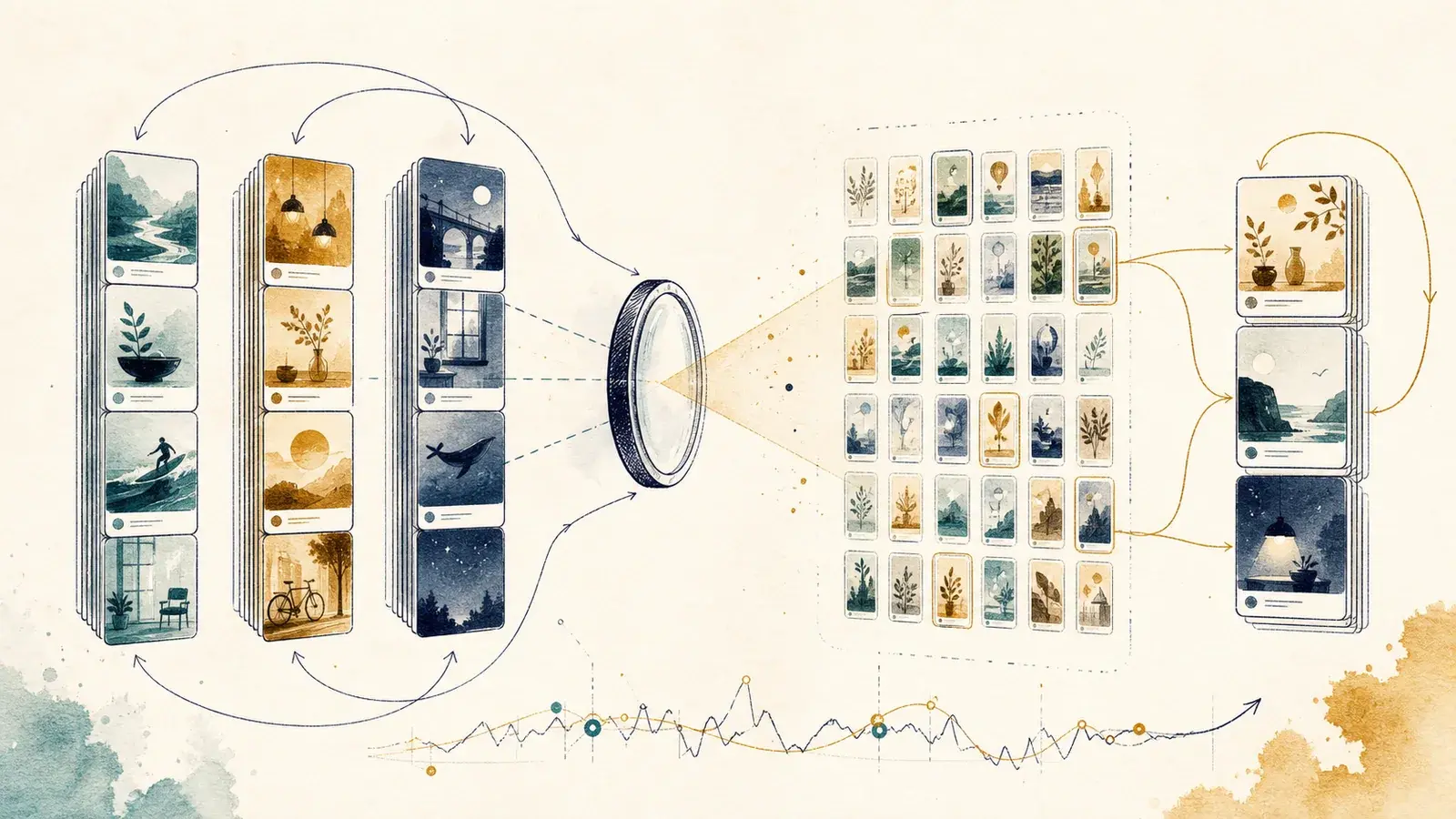 Hand-drawn fictional recommendation feeds passing through an analytical lens into a canonical catalog and recurrence study