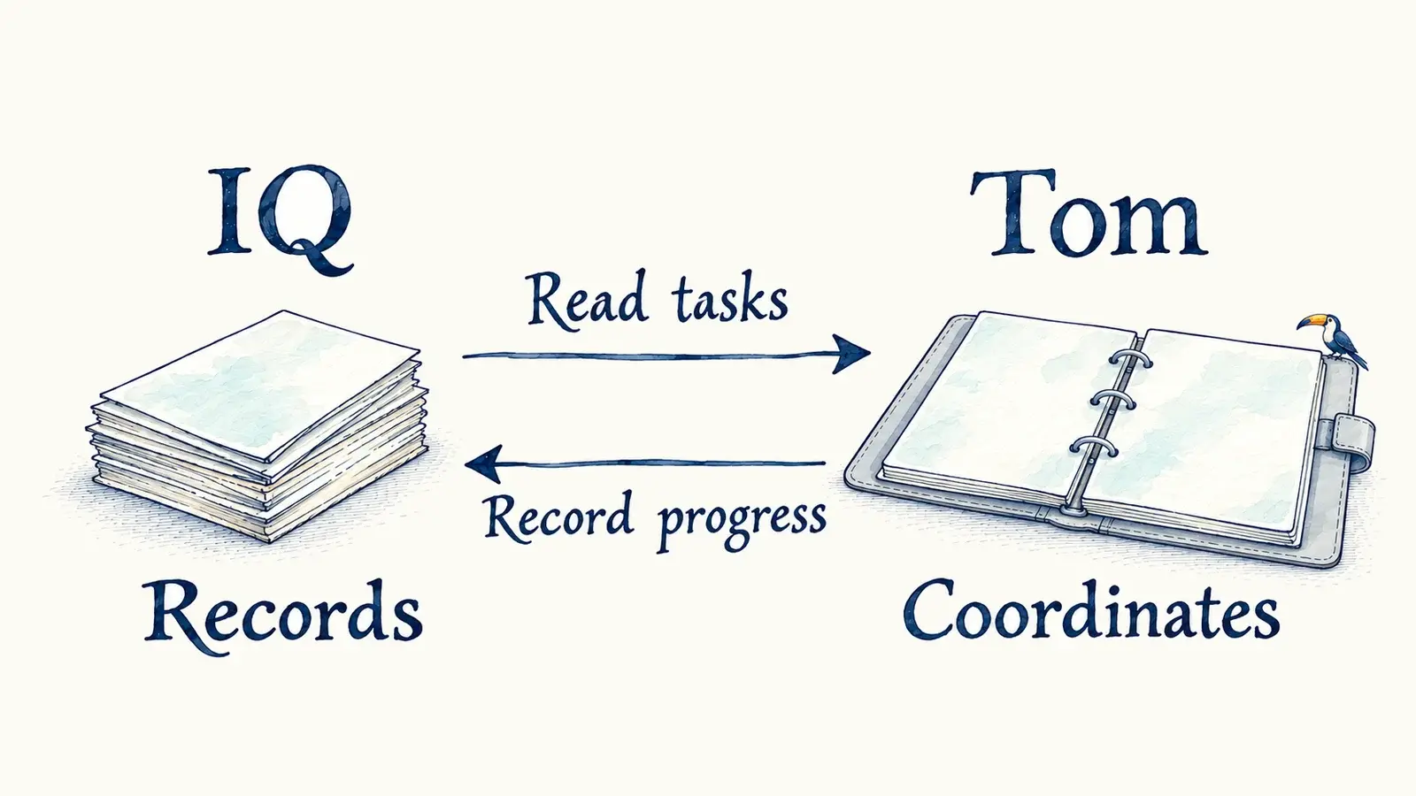 IQ stores records. Tom reads tasks from IQ and records progress back in IQ.