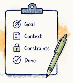 Clipboard illustration listing goal, context, constraints, and done.