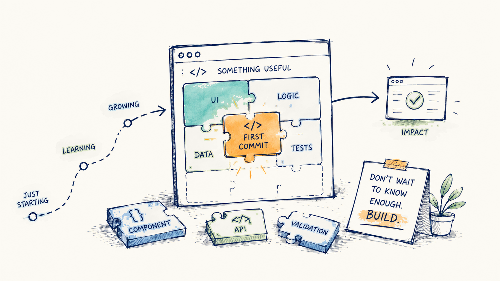 Loose illustration of a map, toolkit, and path suggesting that starting leads to learning.