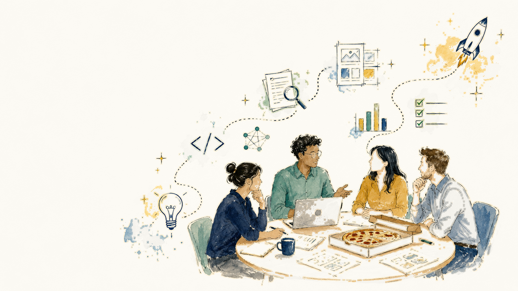 Illustration of a small builder team working around a table with AI-related artifacts around them.