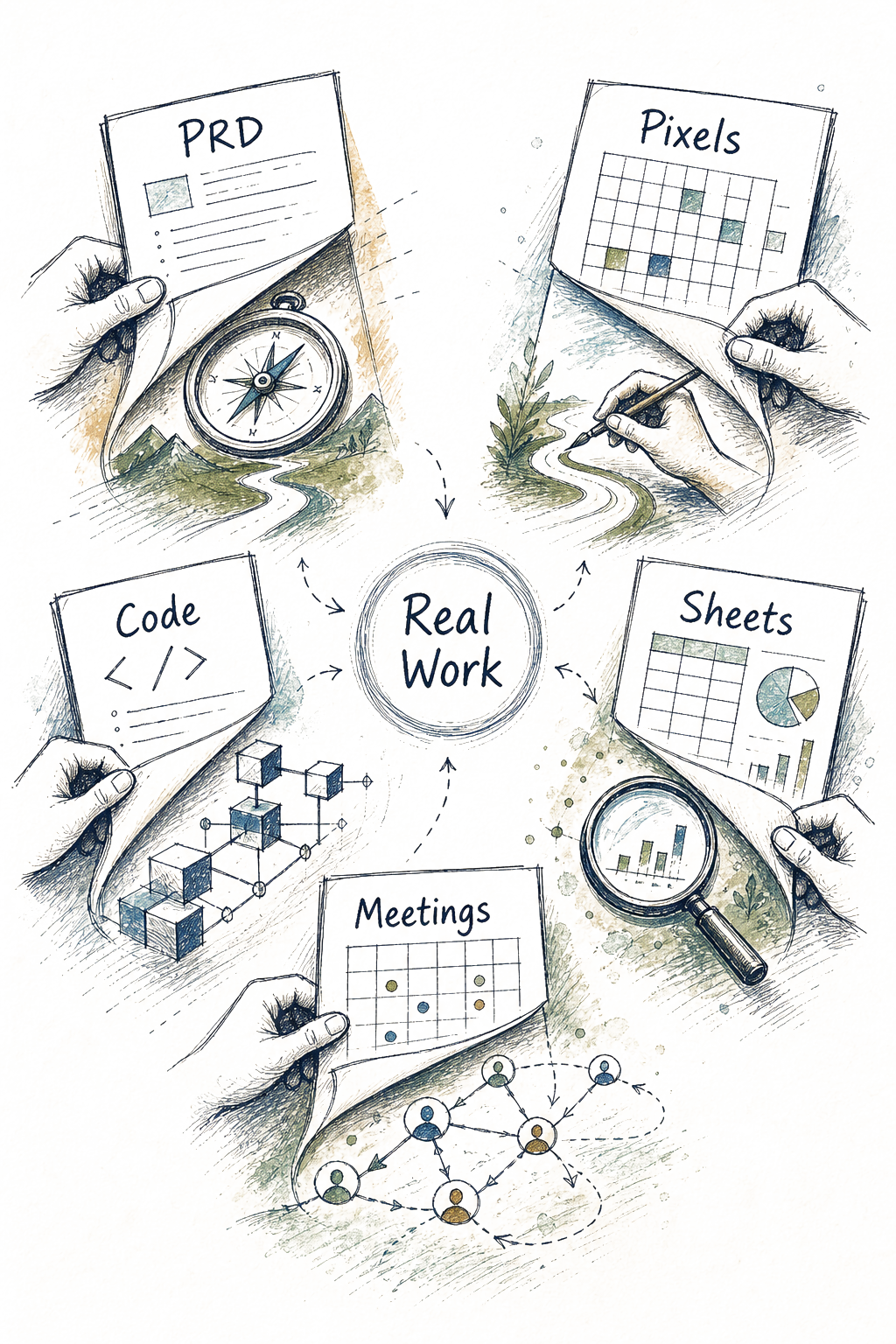 Editorial illustration showing role artifacts giving way to the underlying work of judgment, clarity, and coordination.