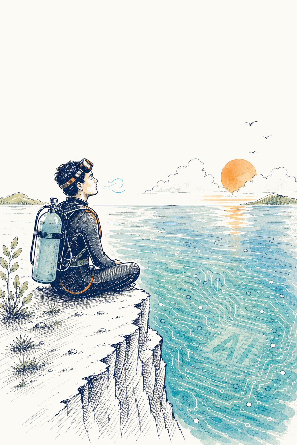 Portrait illustration of a calm male diver breathing beside an AI-patterned ocean horizon at sunset.