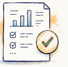 Document illustration with charts and a check mark.