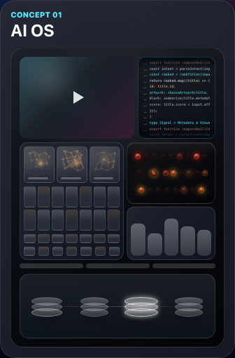 Phone-like WBD AI operating system demo screen with a play state and product modules.