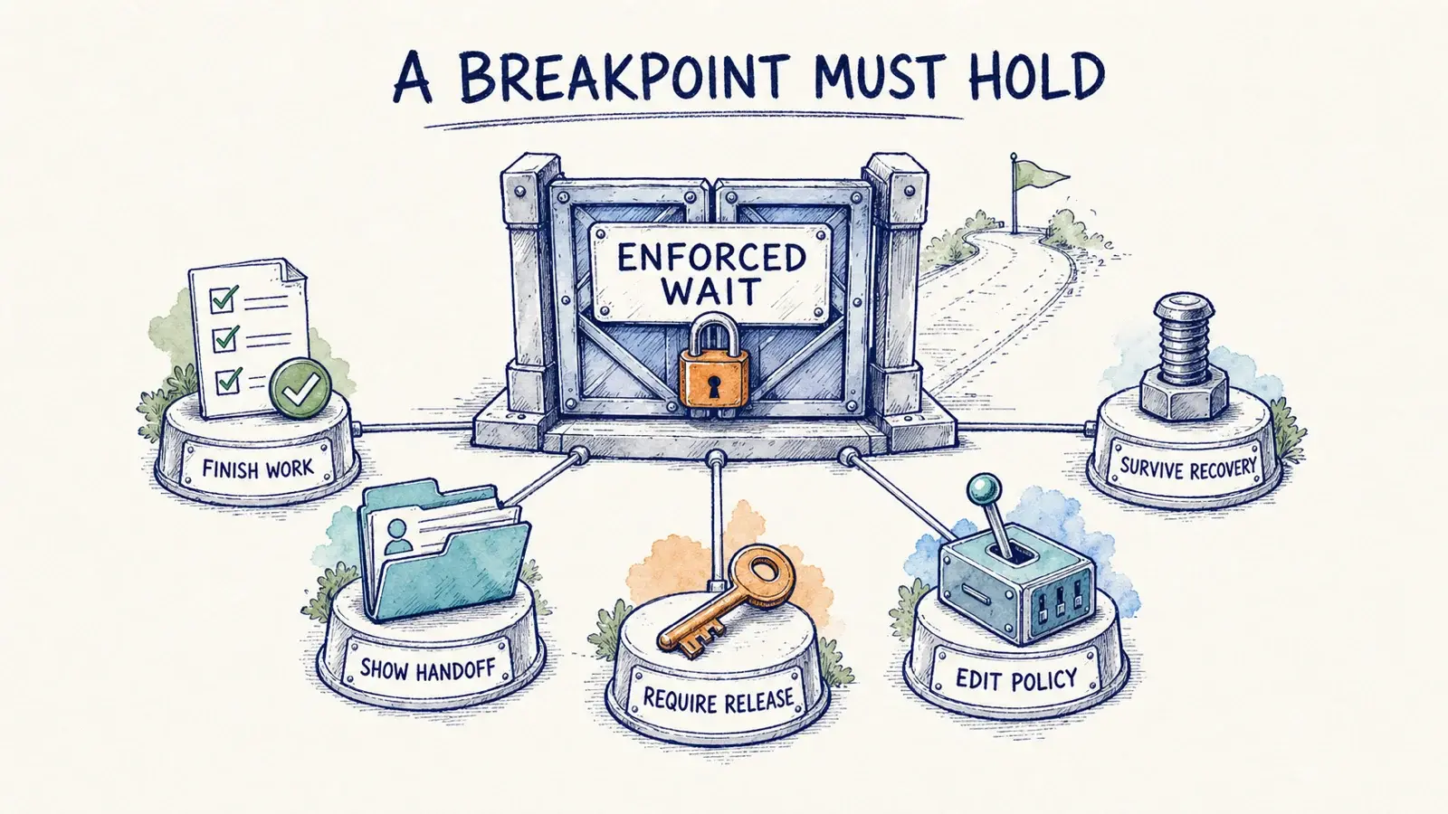 A locked checkpoint gate is held by five connected supports: finish work, show the handoff, require release, edit policy, and survive recovery.