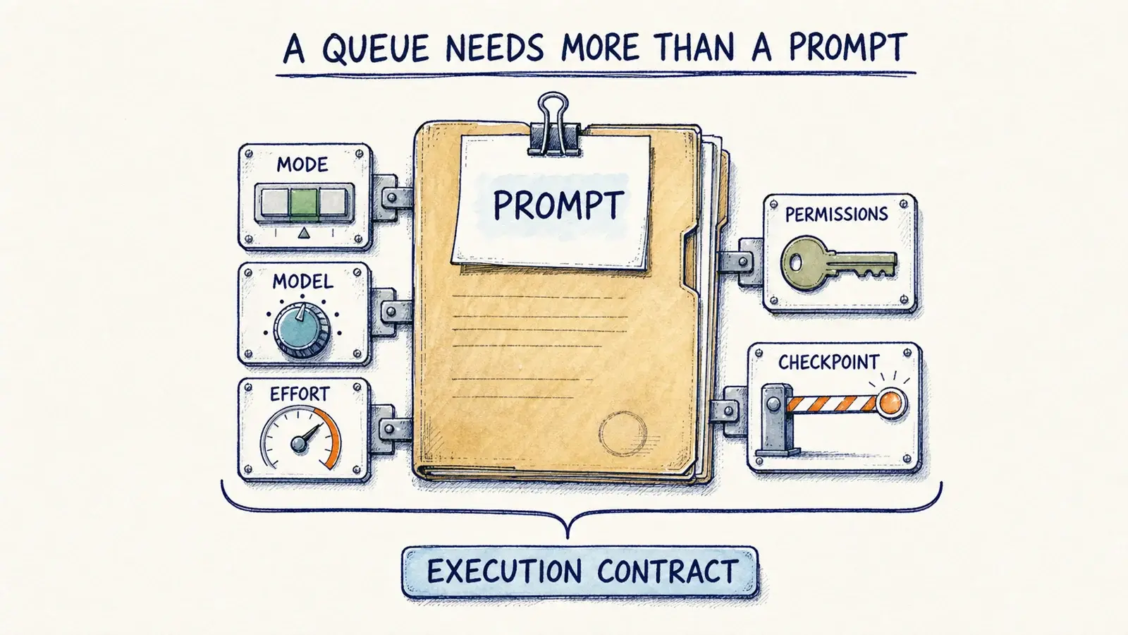 A pending task dossier combines a prompt with controls for mode, model, effort, permissions, and a checkpoint, all grouped as one execution contract.