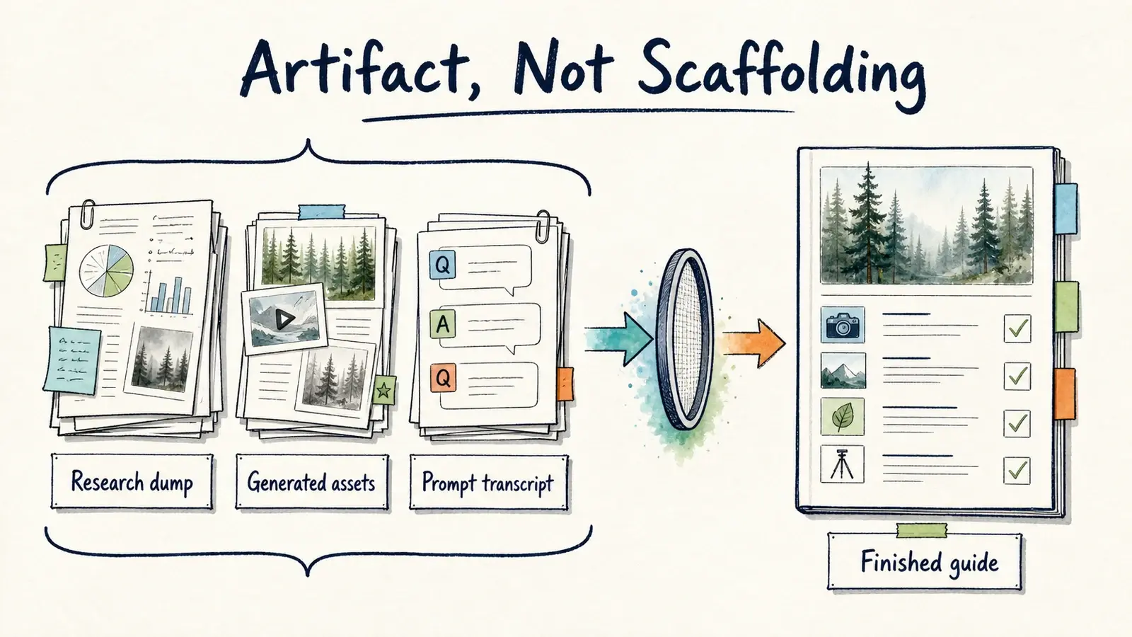 Hand-drawn contrast between messy research, generated assets, prompt transcript, and a finished guide artifact.