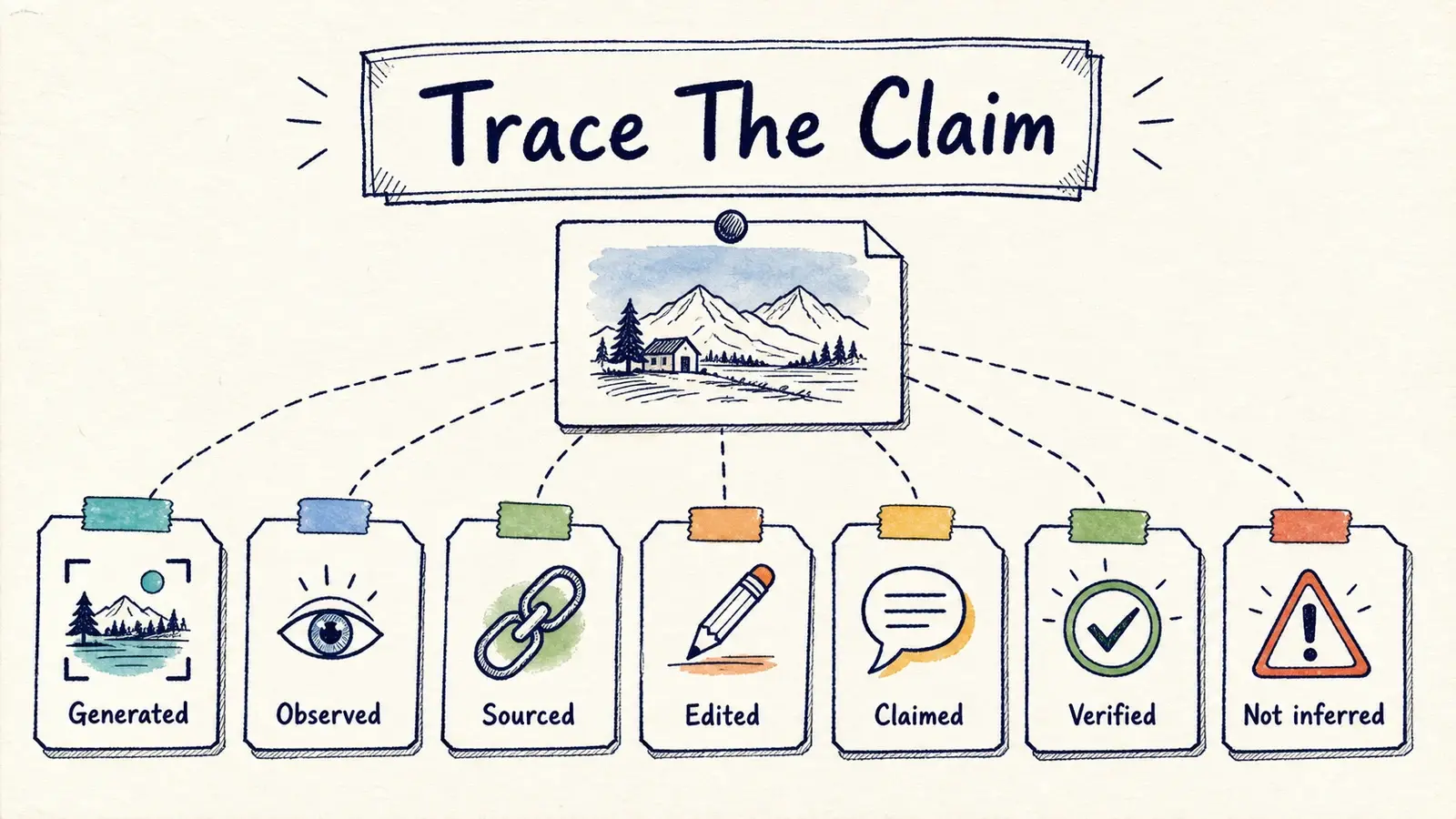 Hand-drawn evidence board showing generated, observed, sourced, edited, claimed, verified, and not inferred states around a visual claim.